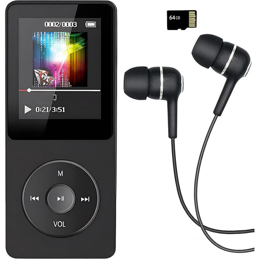 MP3 Player  Music Player with 64GB Micro SD Card  Earphone Build-in Speaker/Photo/Video Play/FM Radio/Voice Recorder/E-Book Reader  Supports up to 128GB for Kids Running Walking