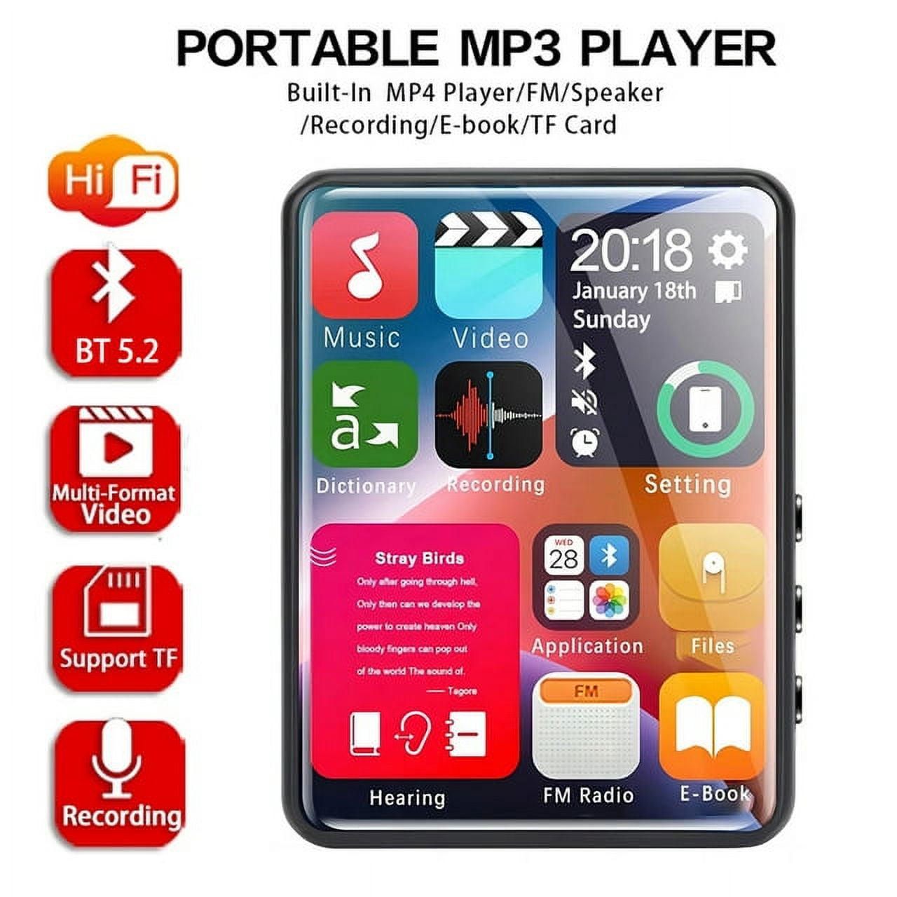 128GB Support MP3 Player 2.4 Inch Touch Screen Black Hifi Bluetooth Lossless Audio Recorder FM Radio Mp4 Video Player Ebook