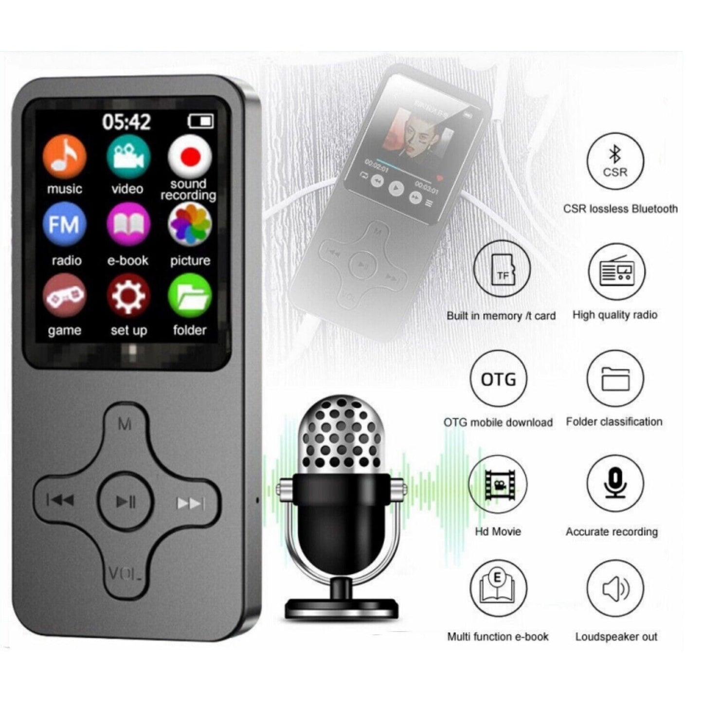 Bluetooth Mp3 Player with Speaker 64GB Portable HiFi Sound Student Player Walkman Player Digital Music Mp3 Mp4 Player with FM Recorder E-Book Video