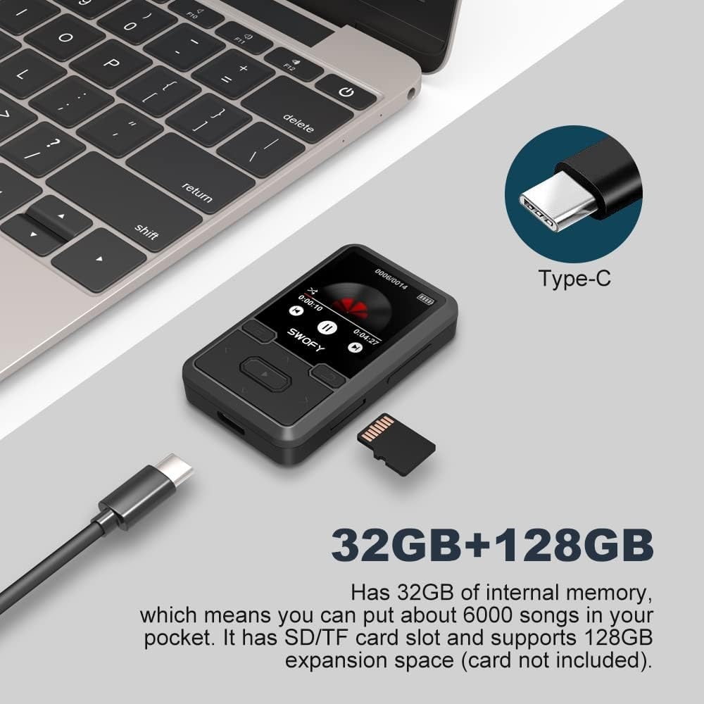 32GB MP3 Player with Bluetooth 5.0  Mini Clip Portable Wearable MP3 Player with FM Radio Recording  Children s Music mp3 Player  Mp3 Mp4 Player with Pedometer  Music Player Support up to 128GB(Black)