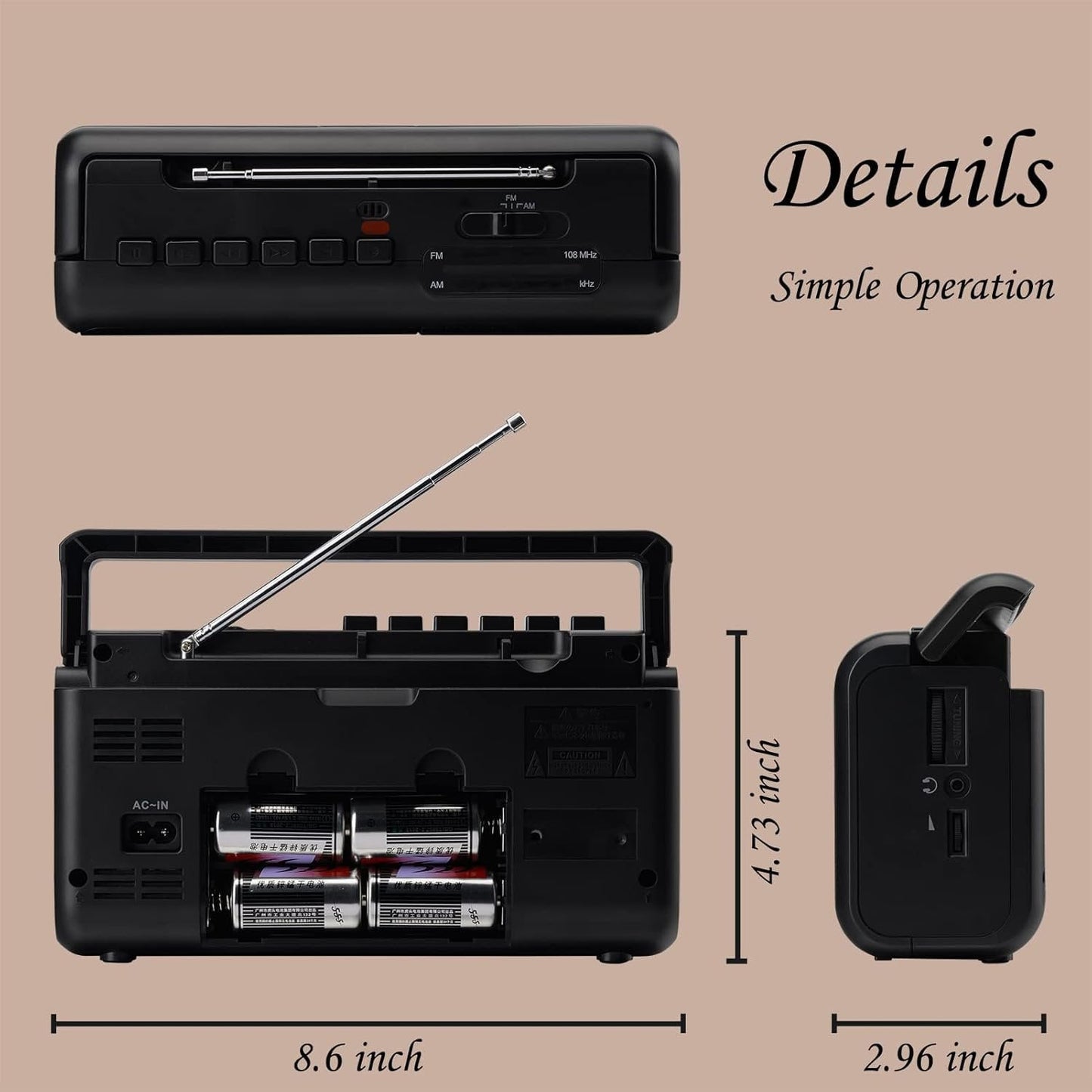 Cassette Tape Player Boombox Portable Cassette Player AM/FM/SW Radio Stereo Tape Player/Recorder with Big Speaker and Earphone Jack AC Powered or Battery Operated Black