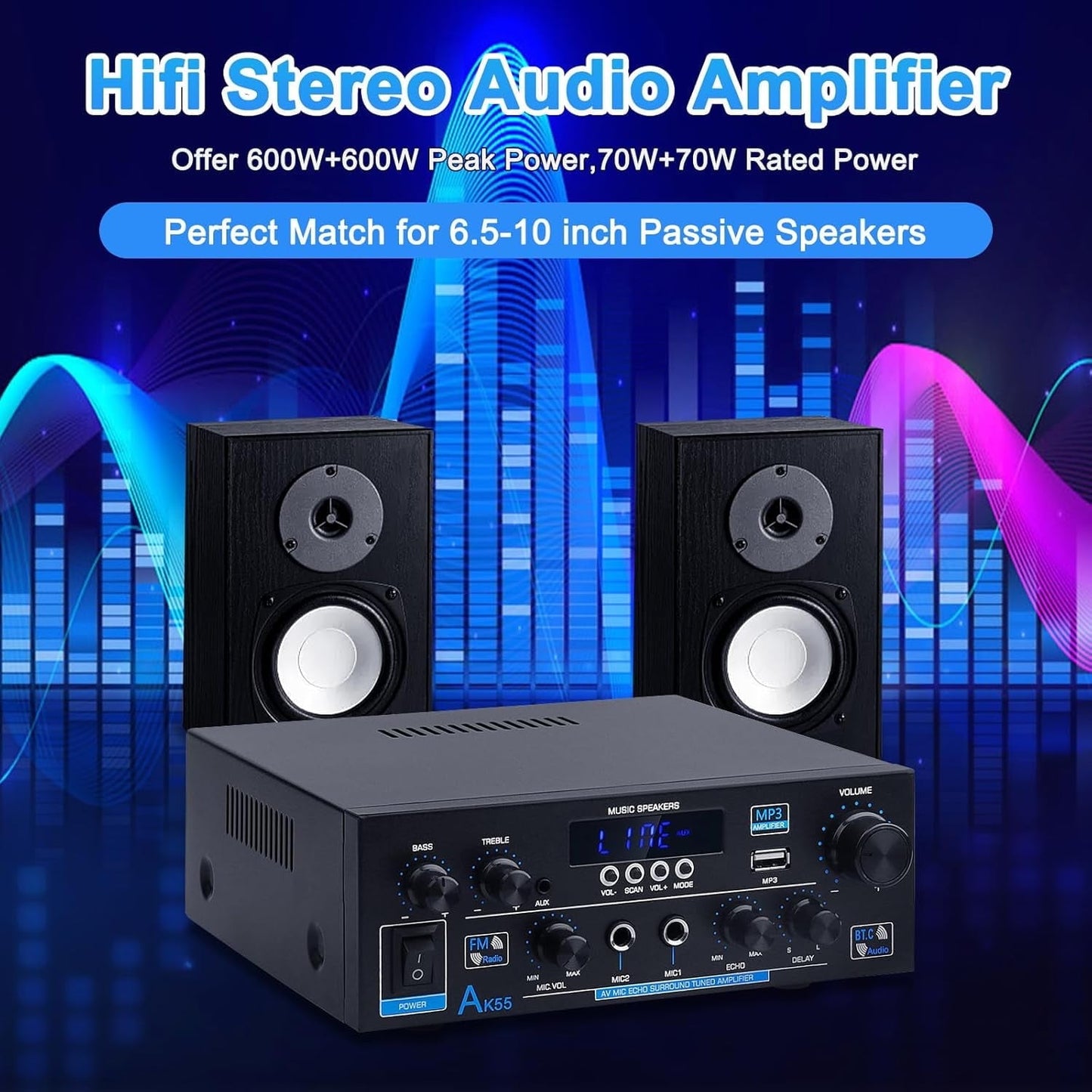 AK55 Amplifier Home Audio Stereo Receiver with Bluetooth 5.0 Rated Power 70W X2 Mini AMP 2.0 Channel HiFi Stereo Amplifier for Home Theater Audio System  Studio  Karaoke  W/Bass/Treble/AUX/FM/MIC/USB