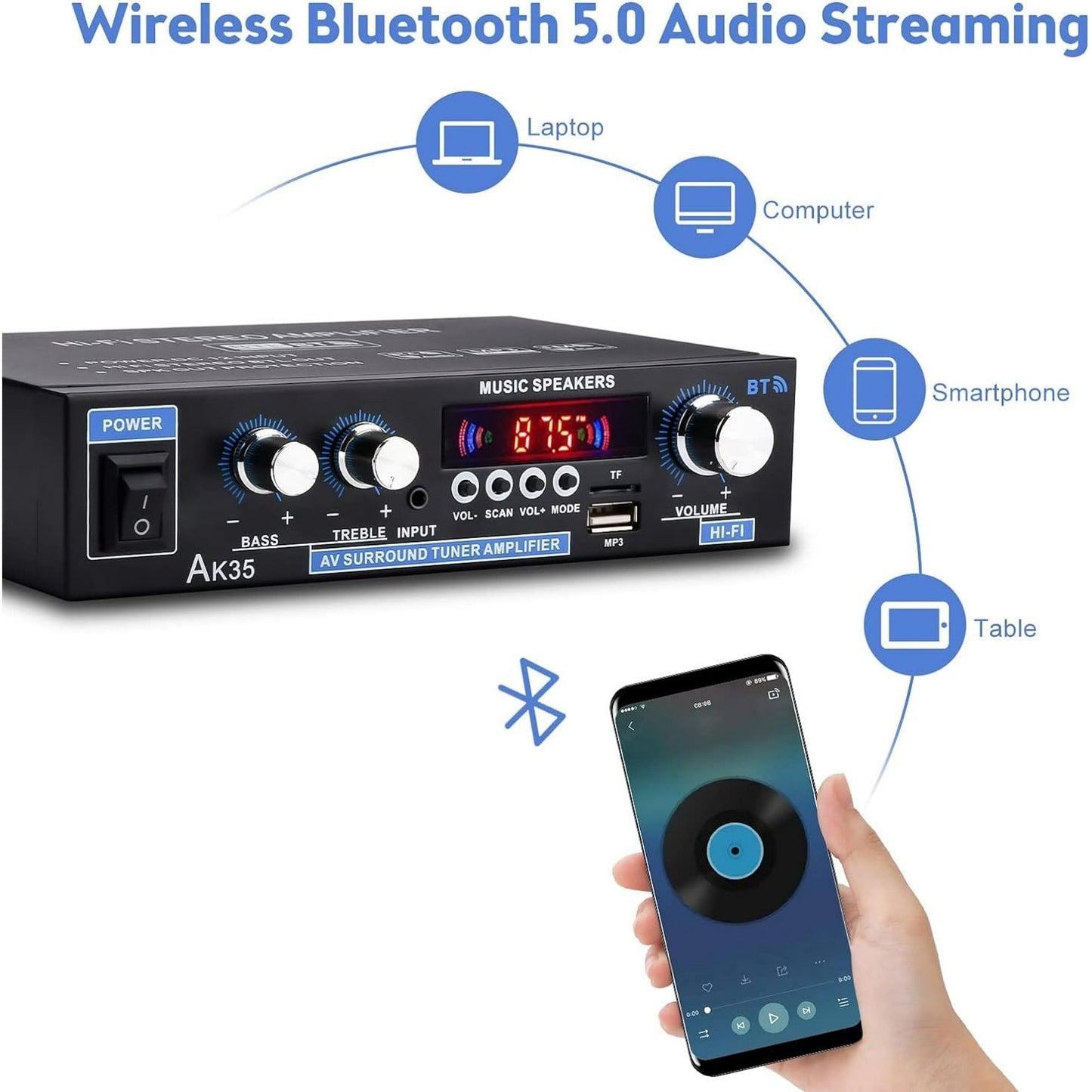 Bluetooth Digital Amplifiers Audio Stereo Receiver AK35 200W Home 110-240V Bluetooth Bass Audio Power compatible Amplifier  Hifi FM USB Auto Music Subwoofer Speakers Audio Amplifier Receiver