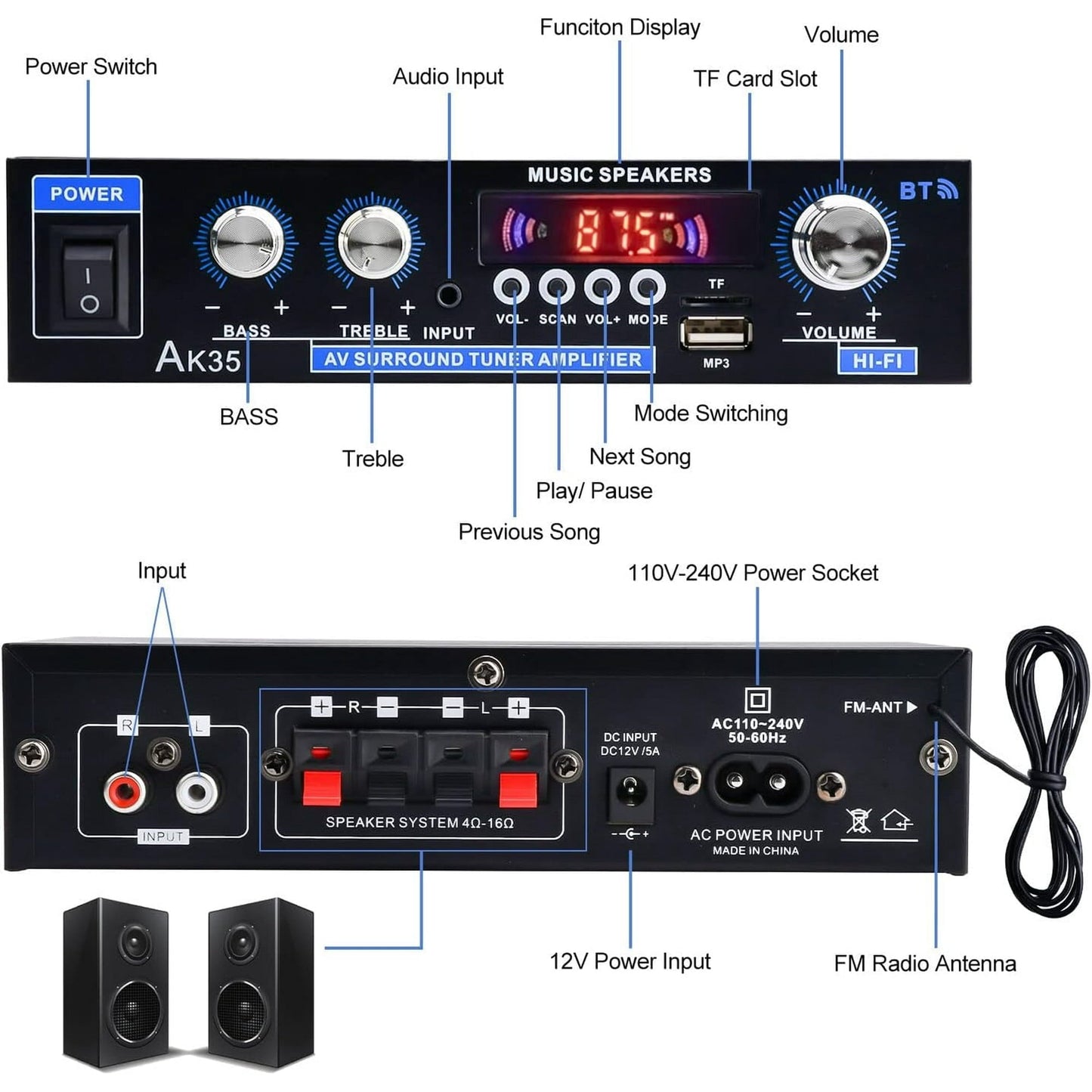Bluetooth Digital Amplifiers Audio Stereo Receiver AK35 200W Home 110-240V Bluetooth Bass Audio Power compatible Amplifier  Hifi FM USB Auto Music Subwoofer Speakers Audio Amplifier Receiver