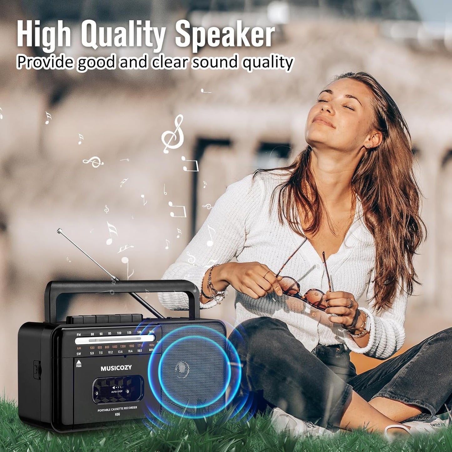 Cassette Tape Player Bluetooth Boombox  Cassette Player AM/FM/SW Radio Stereo  Tape Player/Recorder with Big Speaker and Earphone Jack  USB/TF Card Player  AC Powered or Battery Operated Grey