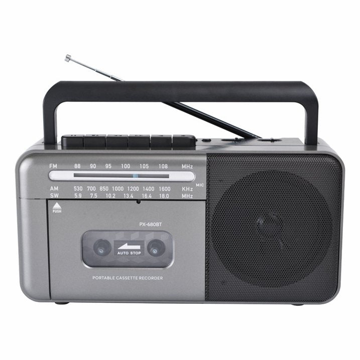 Cassette Tape Player Bluetooth Boombox  Cassette Player AM/FM/SW Radio Stereo  Tape Player/Recorder with Big Speaker and Earphone Jack  USB/TF Card Player  AC Powered or Battery Operated Grey