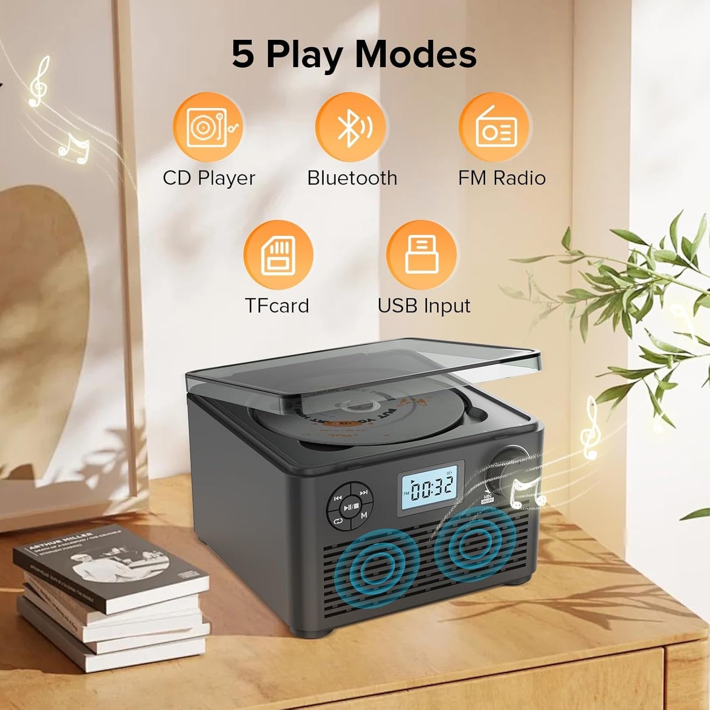 Portable CD Player Boombox with Bluetooth CD Players for Home with Stereo Speakers Rechargeable BoomBox CD Player with FM Radio Support CD/MP3 USB/TF Card Headphone Jack for Home and Kids Gift