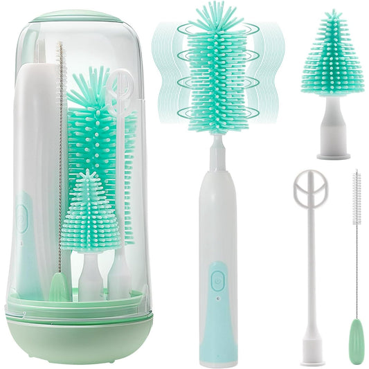Electric Bottle Brush Cleaner  Rechargable Electric Baby Bottle Brush for Travel  Waterproof Electric Bottle Cleaner Set with Nipple & Straw Brush  Perfect Essentials Gift for Mom After Birth  Green