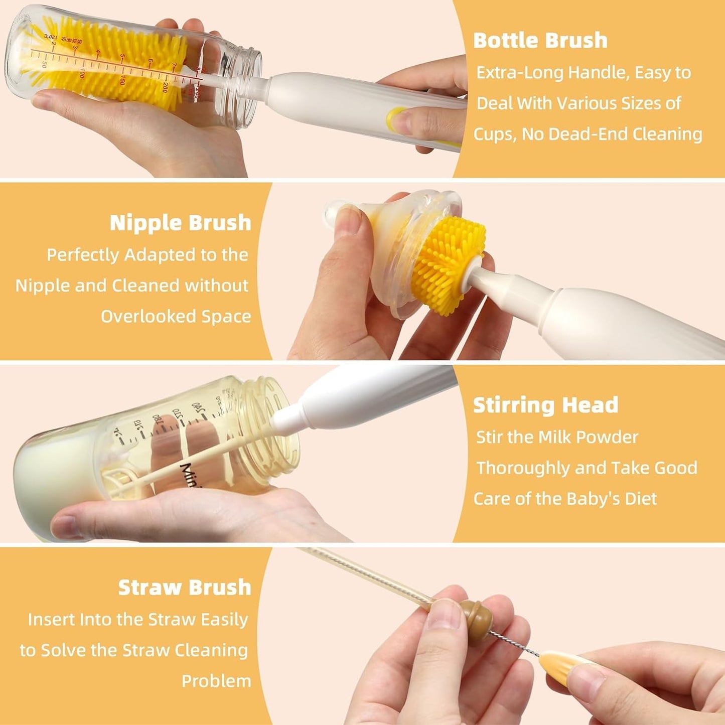 Electric Bottle Brush Cleaner  Portable Electric Baby Bottle Brush for Travel  Waterproof Electric Bottle Cleaner Set with Nipple & Straw Brush  Baby Bottle Brush Electric with Drying Rack  Yellow