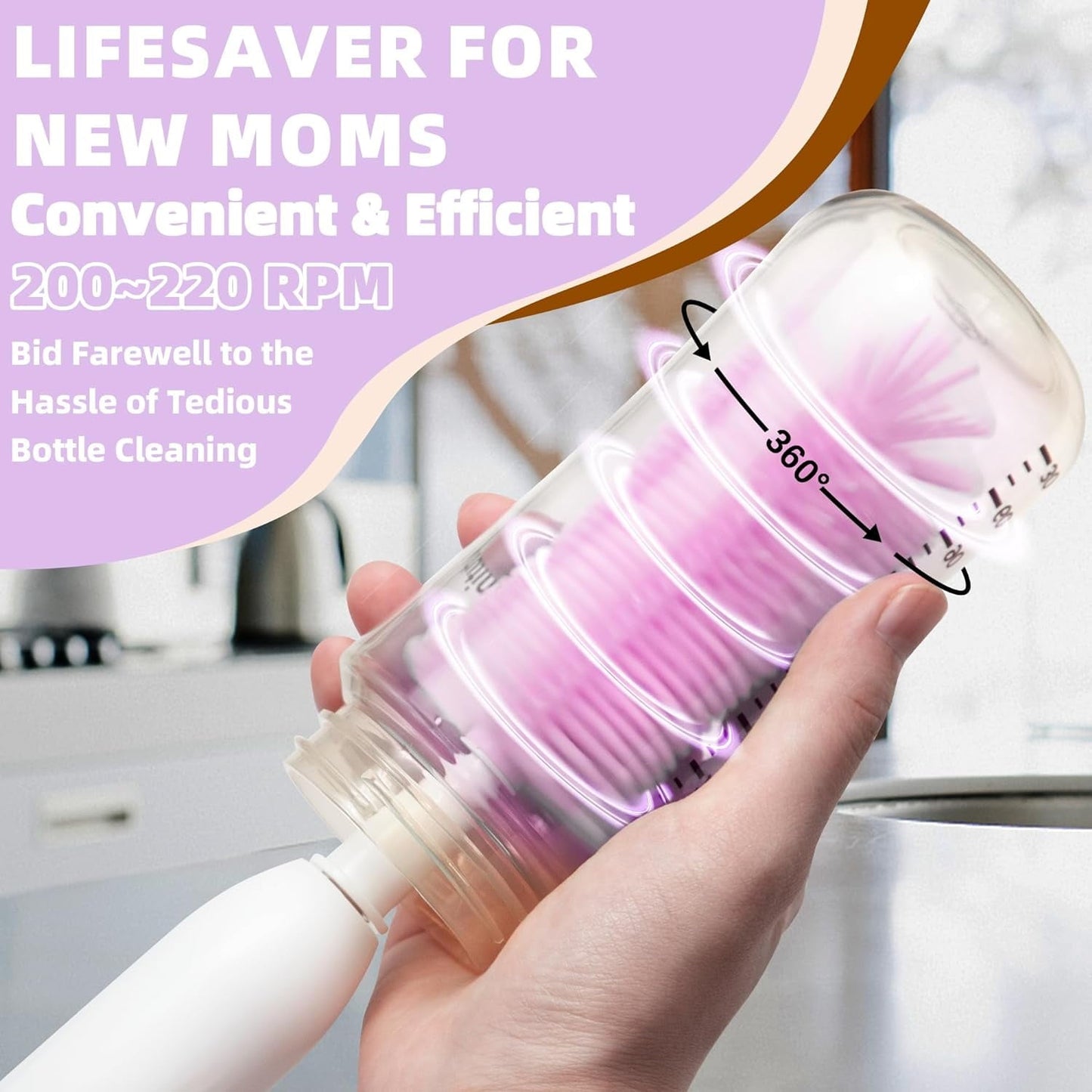 Electric Bottle Brush Cleaner  Rechargable Electric Baby Bottle Brush for Travel  Waterproof Electric Bottle Cleaner Set with Nipple & Straw Brush  Perfect Essentials Gift for Mom After Birth  Purple