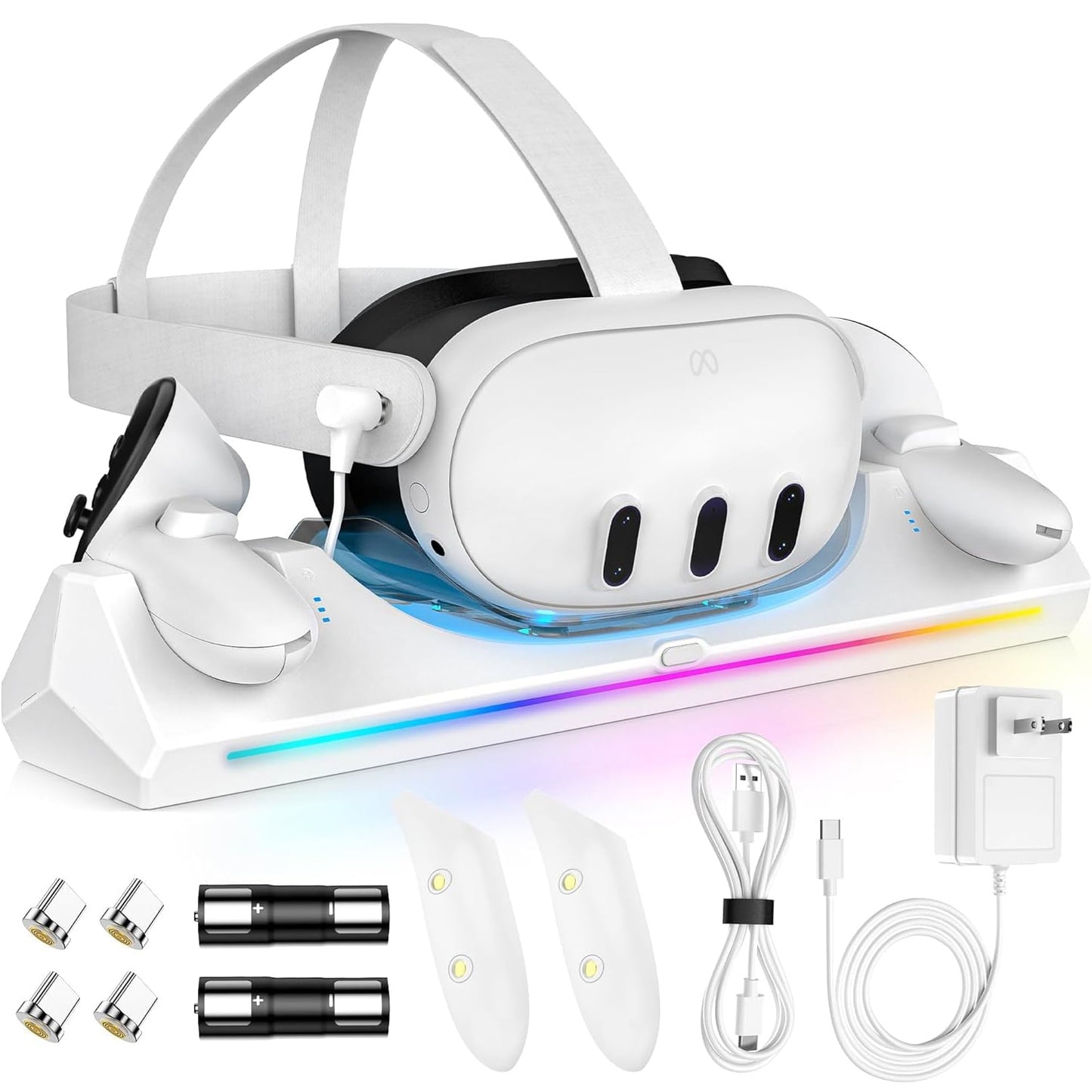 Charging Dock for Oculus Quest 3  Magnetic Charging Station for Meta Quest 3 VR Headset & Controllers  with 2 Rechargeable 2100mAh Batteries  USB-C Charger and Cable  Supports LED Indicator