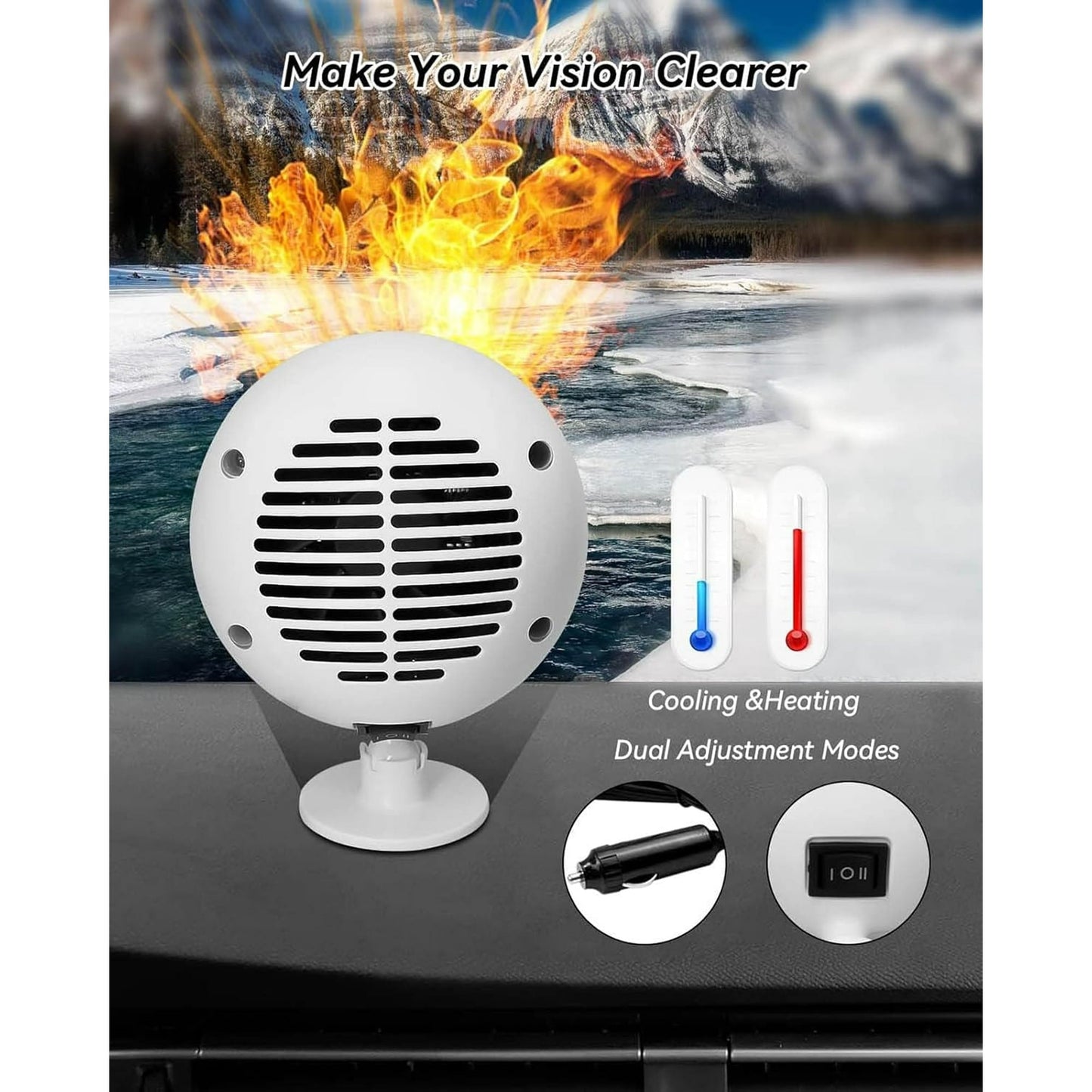 2 In 1 Car Heater Cooler Fan  12V Car Heater Portable 180W Car Air Heater Mini Car Speed Cooling Fan Windshield Defroster Demister 360° Rotatable Heater and Defogger for Car  SUV and more White
