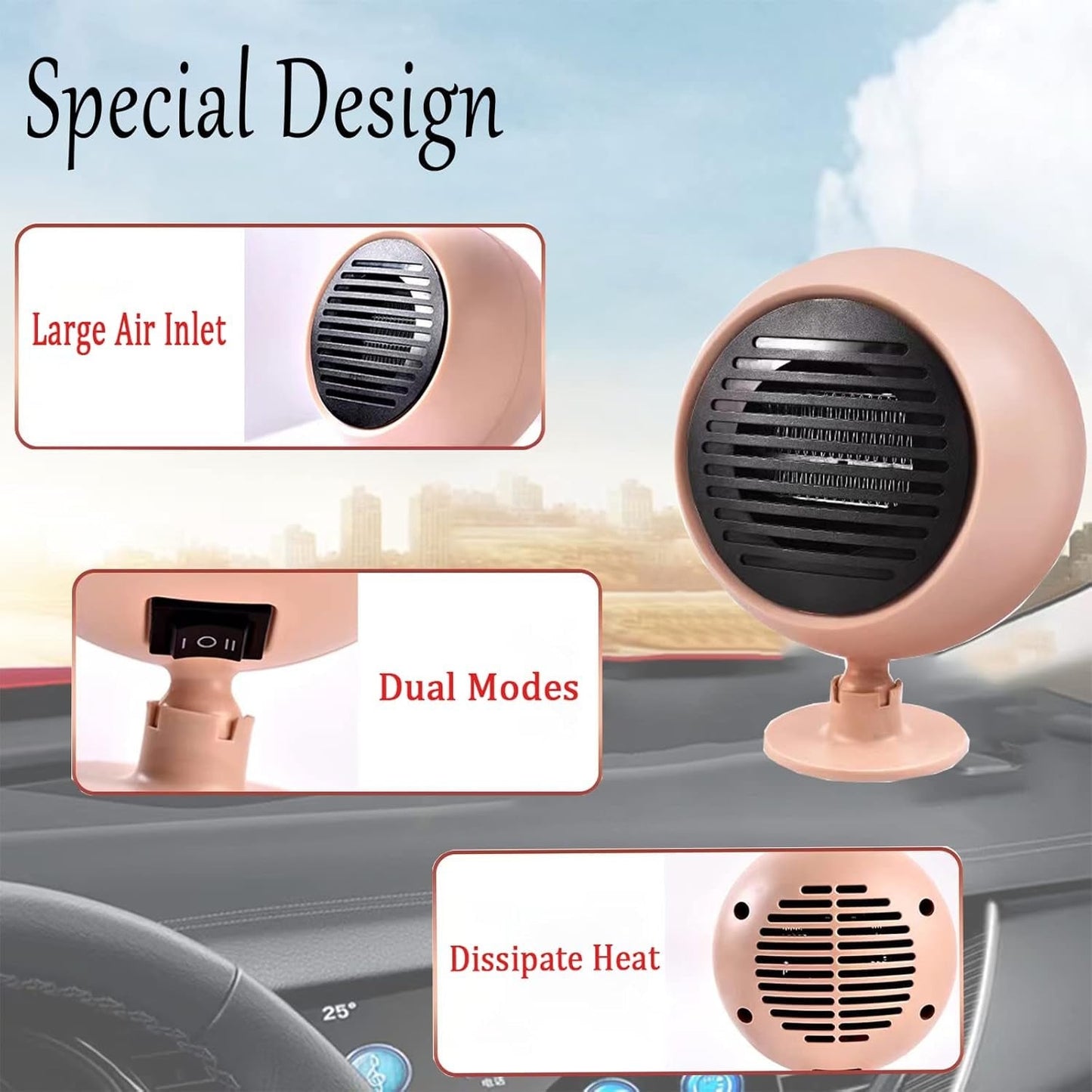 2 In 1 Car Heater Cooler Fan  12V Car Heater Portable 180W Car Air Heater Mini Car Speed Cooling Fan Windshield Defroster Demister 360° Rotatable Heater and Defogger for Car  SUV and more Pink