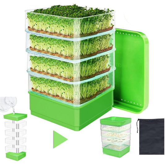 MUSICOZY 4 Layers Seed Sprouting Tray Kit with Drain Holes and Drain Tray  Upgrade Stackable Microgreens Fresh Organic Bean Seed Sprouter Tray Ripple Soil-Free Sprouter Tray for Beans Alfalfa Seeds