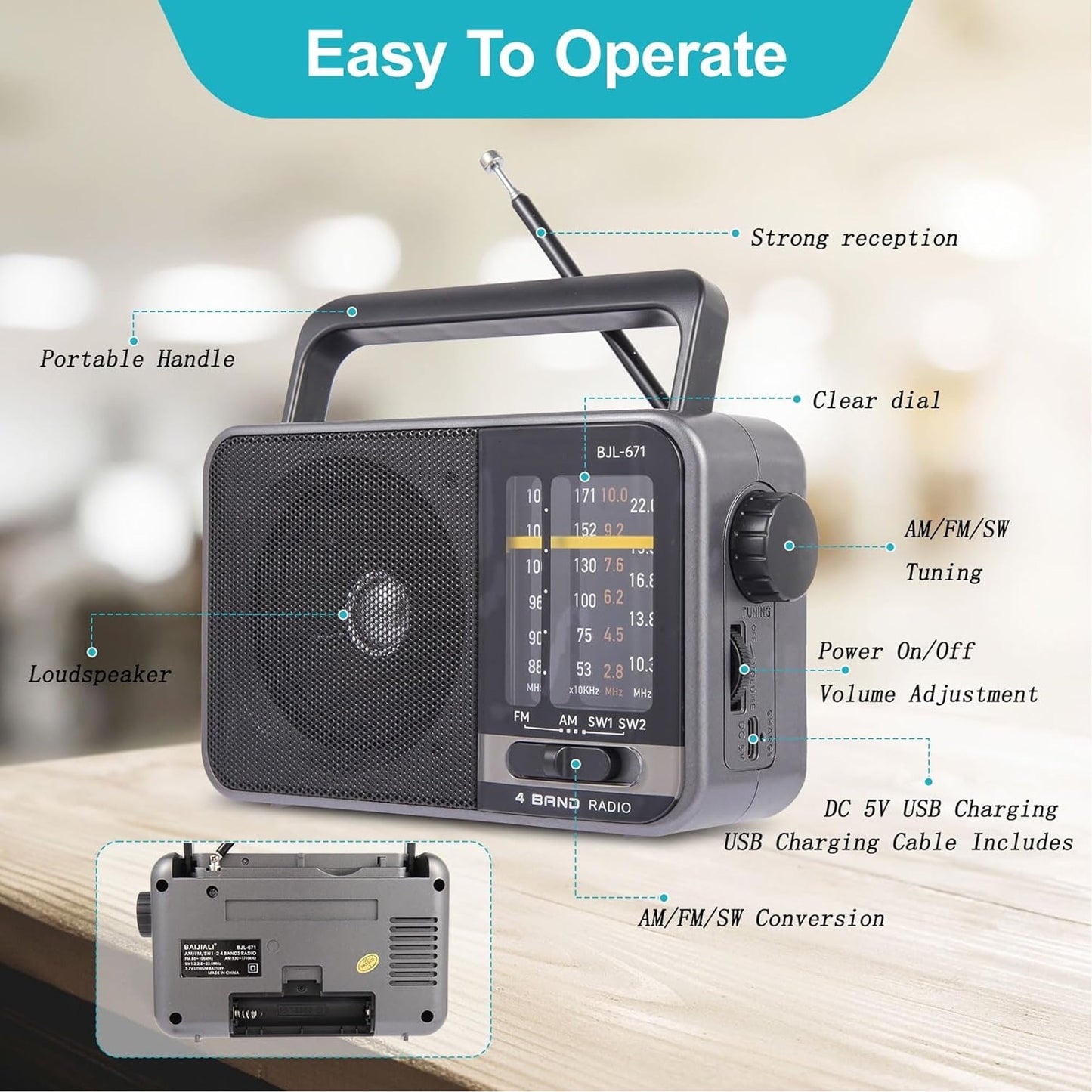 Portable AM / FM Radio Small Operated Analog Radio Portable Shortwave Radio Battery Powered or DC USB Suitable for Home & Outdoor Use Small Gifts for Seniors Elderly