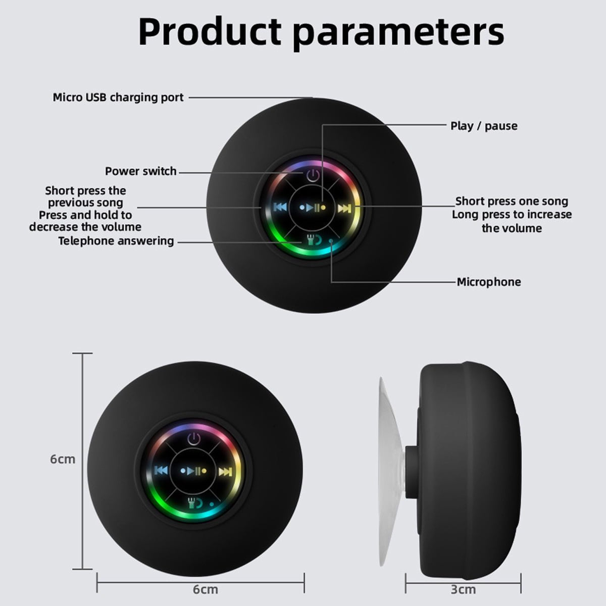 Portable Mini Bluetooth Speaker Waterproof Bathroom Audio Wireless Shower Speakers RGB Light Bluetooth Suction Cup Speaker Enhanced Bass and High Definition Sound