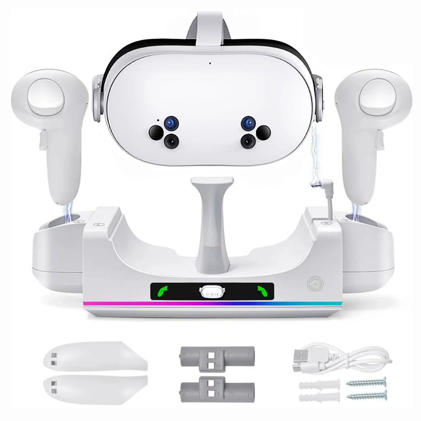 RGB Charging Dock for Oculus Quest 3/3S Charging Stand for Meta Quest 3S Controller and Headset with 2 Rechergeable Batteries Battery Cover|Wall Mount Charging Dock Station for Quest 3S Dual-use