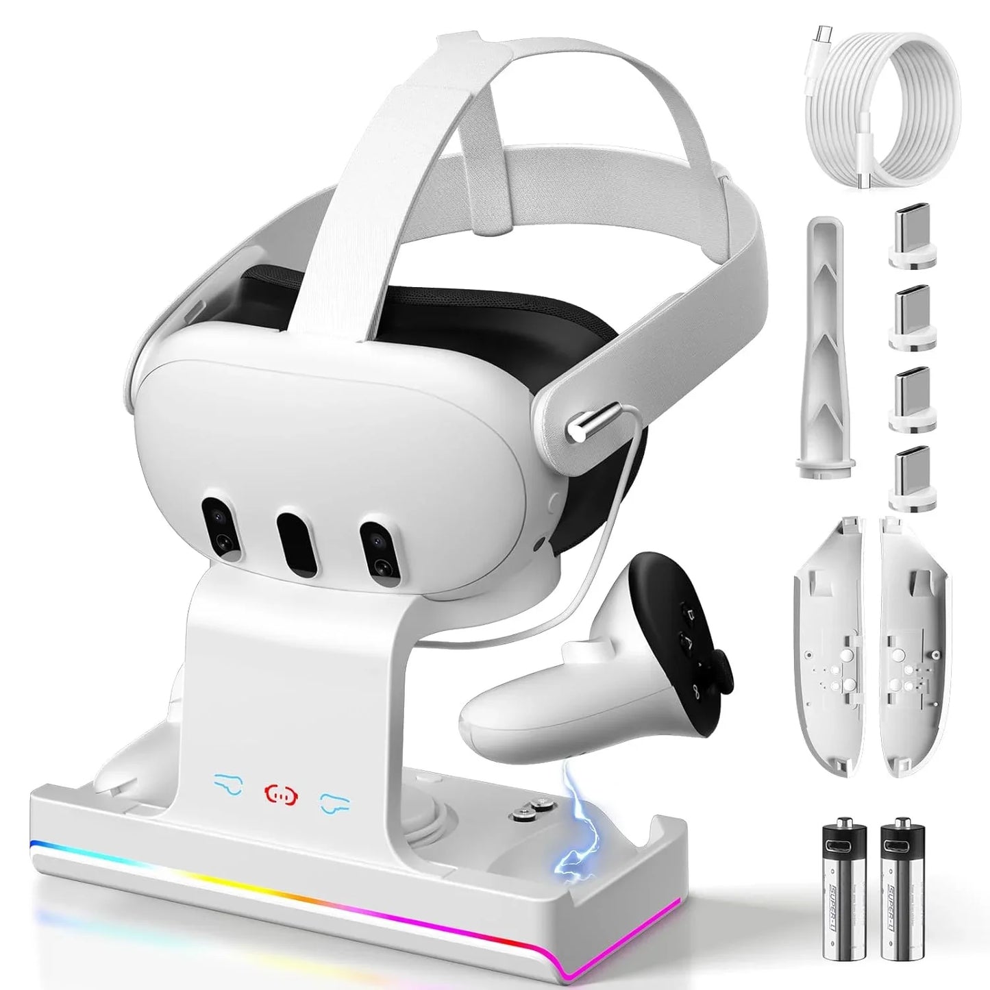 Charging Dock for Oculus/Meta Quest 3- Magnetic Docking Station with LED Light - Headset Display Stand and Controller Mount  2 * 1800Mah Rechargeable Batteries White