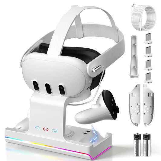 Charging Dock for Oculus/Meta Quest 3- Magnetic Docking Station with LED Light - Headset Display Stand and Controller Mount  2 * 1800Mah Rechargeable Batteries White