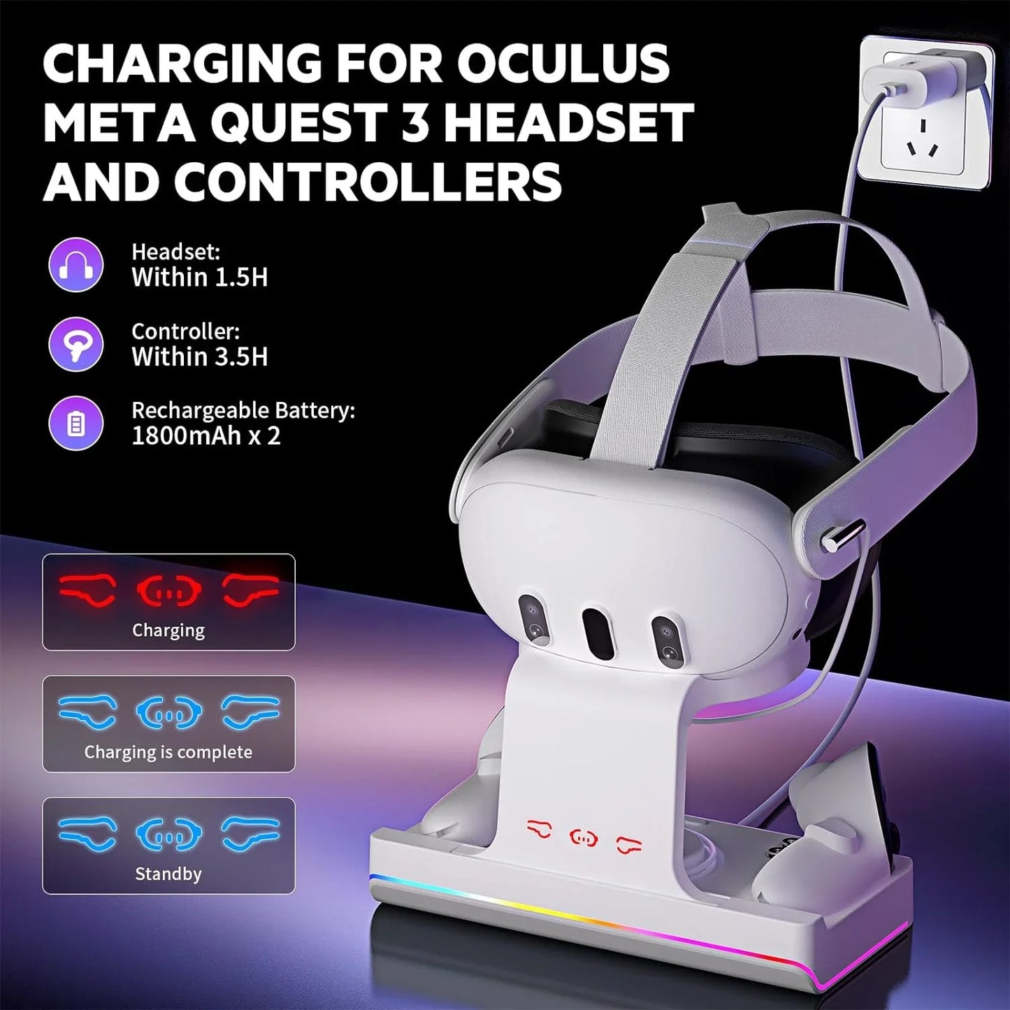 Charging Dock for Oculus/Meta Quest 3- Magnetic Docking Station with LED Light - Headset Display Stand and Controller Mount  2 * 1800Mah Rechargeable Batteries White