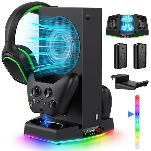 Cooling Stand&Charging Station for Xbox Series S with RGB Light Strip Dual Charger of Controllers and Cooler Fan for XSS Console Accessories with 2*1400mAH Rechargeable Battery Pack 1*Headphone Hook