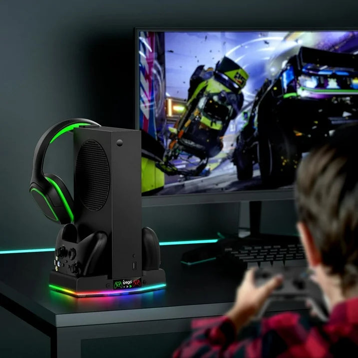 Cooling Stand&Charging Station for Xbox Series S with RGB Light Strip Dual Charger of Controllers and Cooler Fan for XSS Console Accessories with 2*1400mAH Rechargeable Battery Pack 1*Headphone Hook