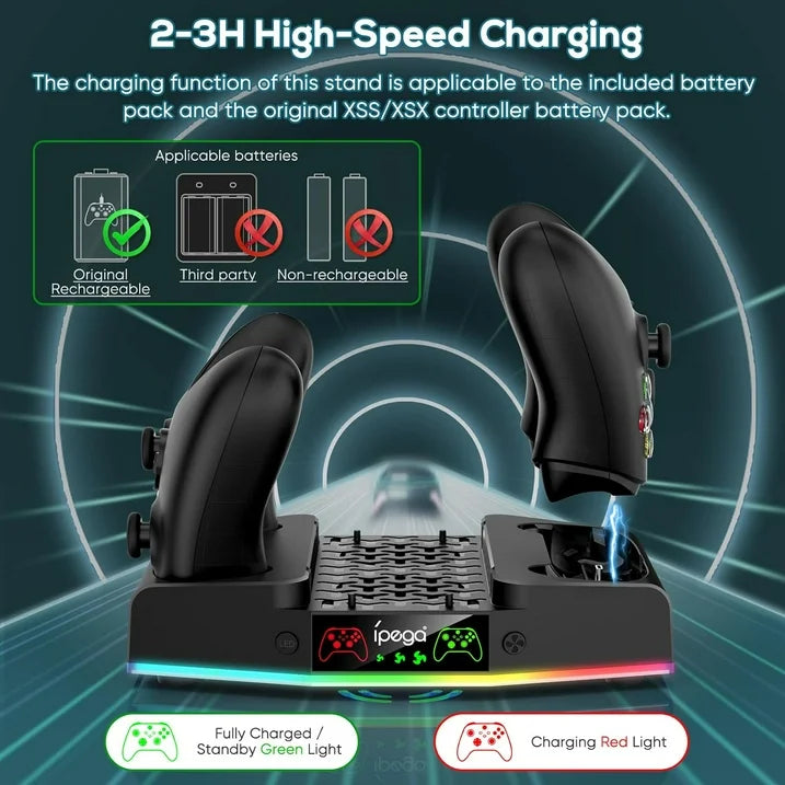 Cooling Stand&Charging Station for Xbox Series S with RGB Light Strip Dual Charger of Controllers and Cooler Fan for XSS Console Accessories with 2*1400mAH Rechargeable Battery Pack 1*Headphone Hook