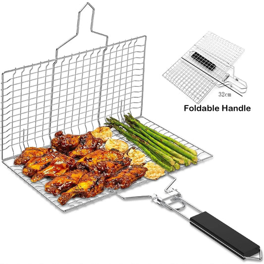 Grill Basket with Foldable Handle  BBQ Basket Grill Accessories Stainless Steel BBQ Grill Mesh BBQ Vegetable Slices Basket Grill Basket Camping Grill Suitable for Vegetable Fries Fish