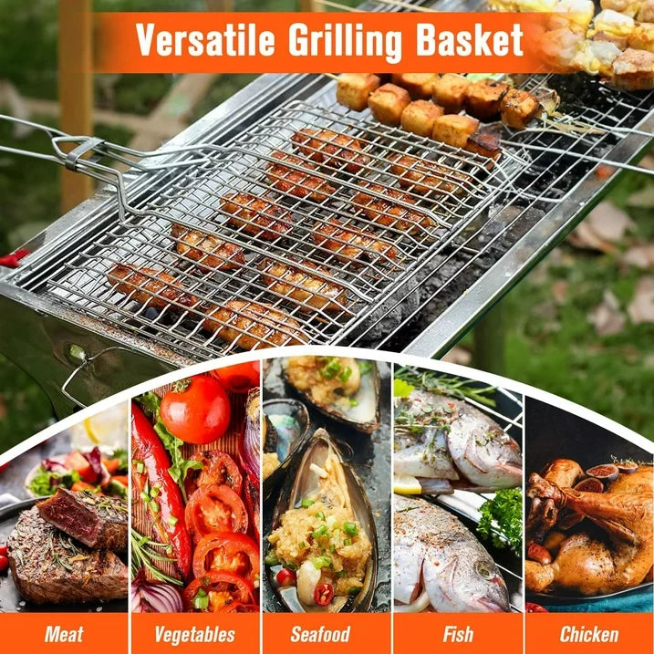 Grill Basket with Foldable Handle  BBQ Basket Grill Accessories Stainless Steel BBQ Grill Mesh BBQ Vegetable Slices Basket Grill Basket Camping Grill Suitable for Vegetable Fries Fish