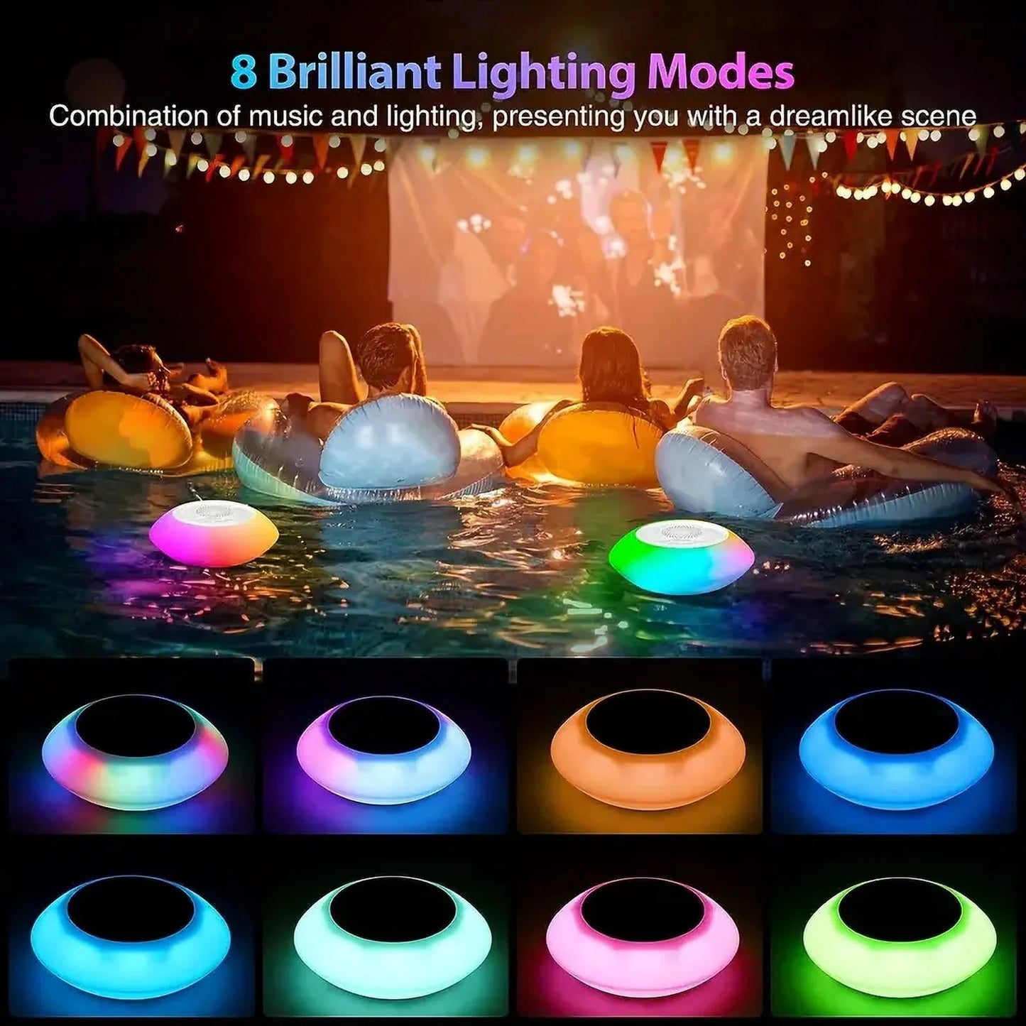 Floating Pool Bluetooth Speakers with RGB LED  Waterproof Stereo Sound Floating Speaker  Built-in Mic Wireless Shower Speaker for Hot Tub Pool Bathtub Shower Outdoor Swim  Floating Pool Lights