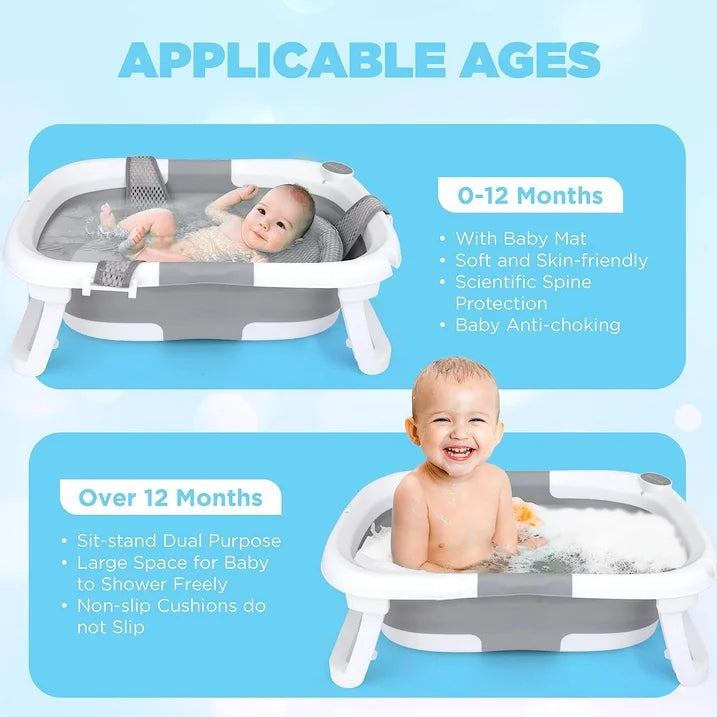 Foldable Baby Bathtub for Infants to Toddler Portable Travel Bathtub Multifunctional Bathtub with Drain Hole  Baby Bathtub for Newborn 0-36 Month Gray (with Net)