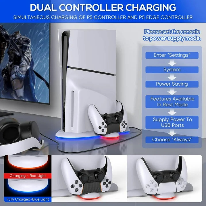 Charging Stand with Cooling Fan for PS5 Slim Console  Dual Controller Charger Station with 9 RGB Light for DualSense/Edge  Quiet Cooling System Accessories for Playstation5 Slim Digital/Disc