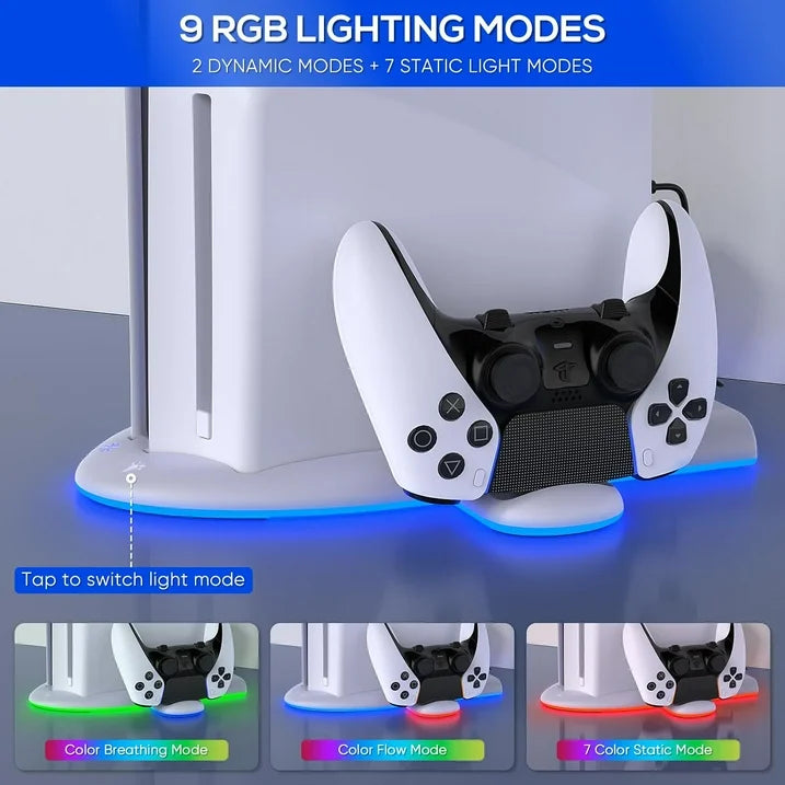 Charging Stand with Cooling Fan for PS5 Slim Console  Dual Controller Charger Station with 9 RGB Light for DualSense/Edge  Quiet Cooling System Accessories for Playstation5 Slim Digital/Disc