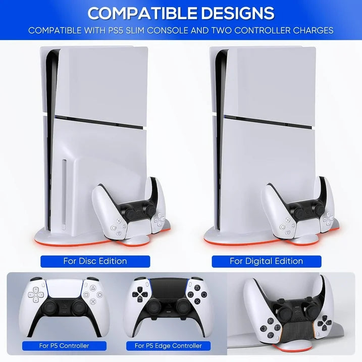 Charging Stand with Cooling Fan for PS5 Slim Console  Dual Controller Charger Station with 9 RGB Light for DualSense/Edge  Quiet Cooling System Accessories for Playstation5 Slim Digital/Disc