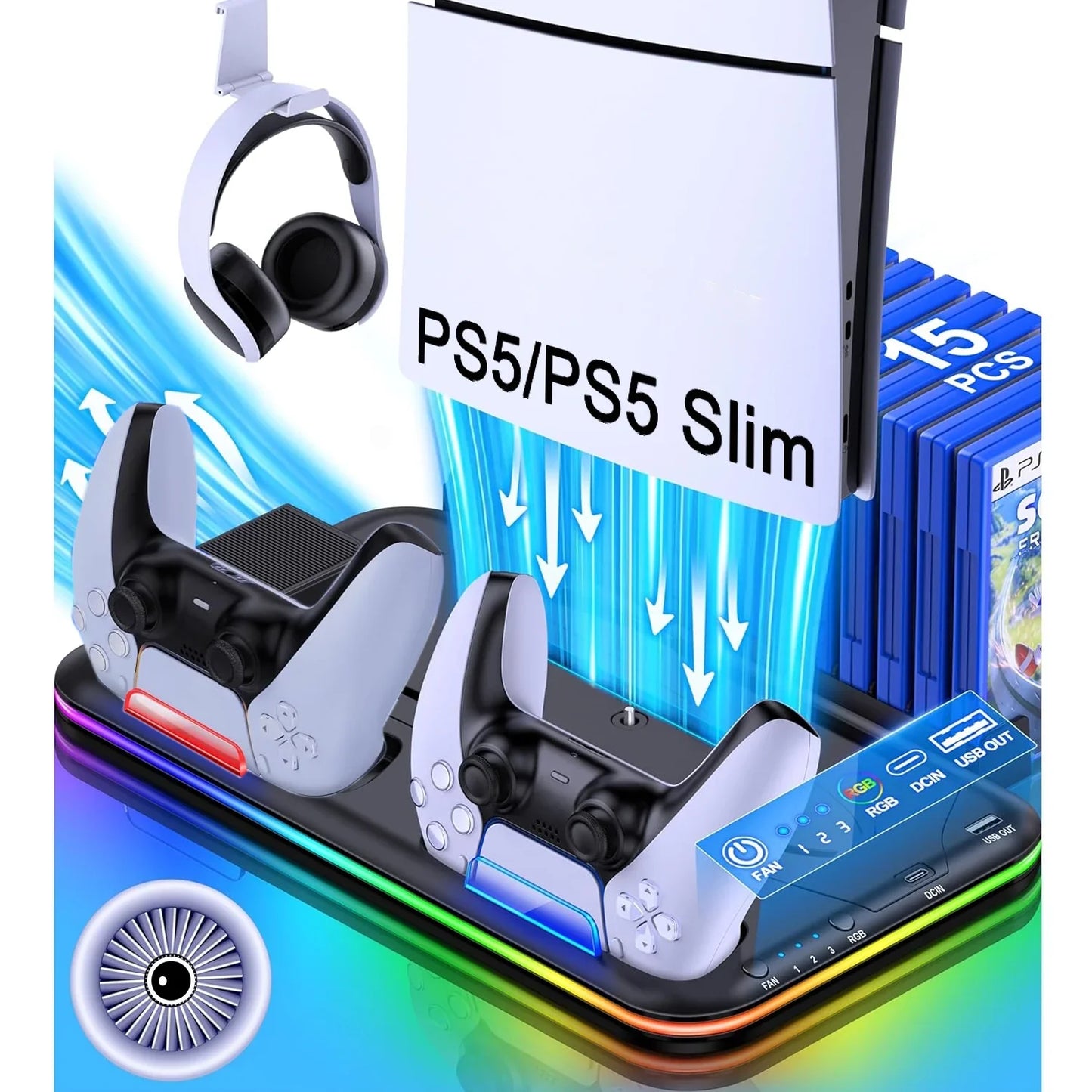 PS5 Slim Stand and Turbo Cooling Station with Controller Charging Station for Playsation 5  PS5 Accessories Incl. 3 Levels Cooling Fan  RGB Light  15 Game Storage  Headset Holder for PS5 Digital/Disc