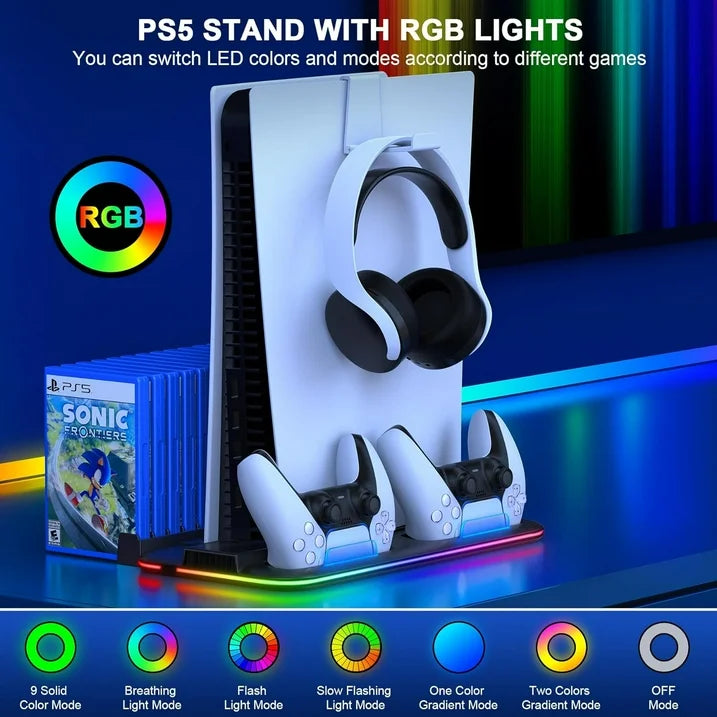 PS5 Slim Stand and Turbo Cooling Station with Controller Charging Station for Playsation 5  PS5 Accessories Incl. 3 Levels Cooling Fan  RGB Light  15 Game Storage  Headset Holder for PS5 Digital/Disc