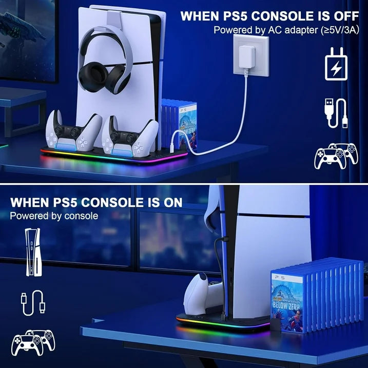 PS5 Slim Stand and Turbo Cooling Station with Controller Charging Station for Playsation 5  PS5 Accessories Incl. 3 Levels Cooling Fan  RGB Light  15 Game Storage  Headset Holder for PS5 Digital/Disc