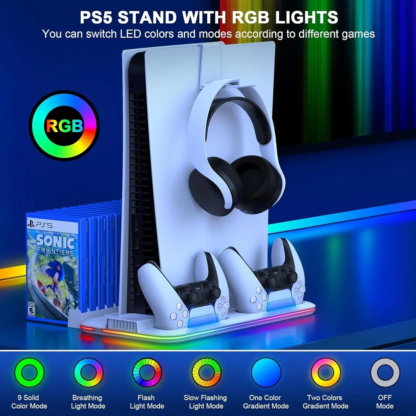 PS5 Slim Stand and Turbo Cooling Station with Controller Charging Station for Playsation 5  3 Levels Cooling Fan  RGB Light  15 Game Storage  Headset Holder for PS5 Digital/Disc