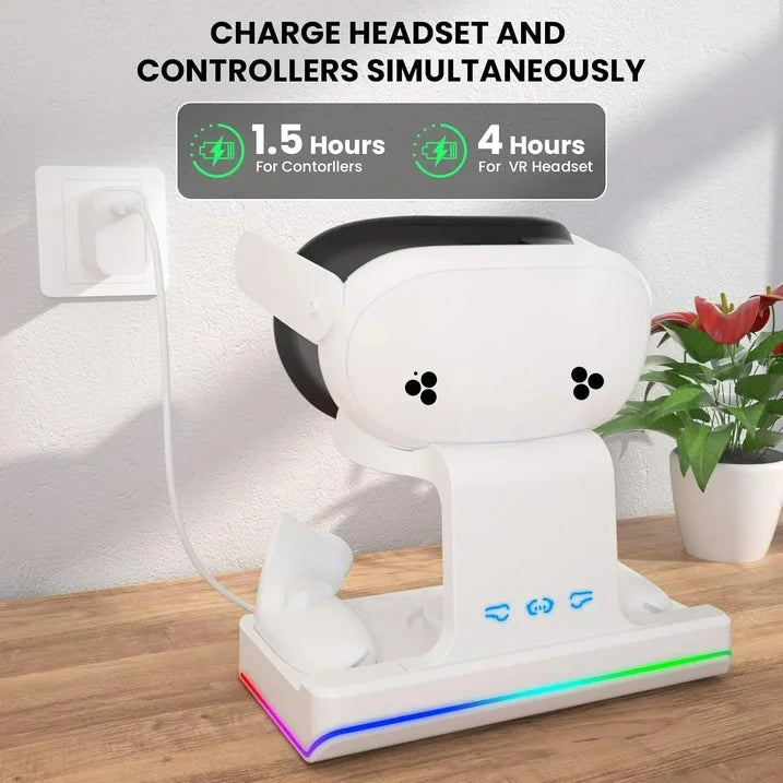 Charging Dock for Meta Quest 3S  VR Headset & Controllers Charging Stand with RGB LED Light  VR Accessories with 2 Rechargeable Batteries for Oculus Quest 3S  Fast Charging Station