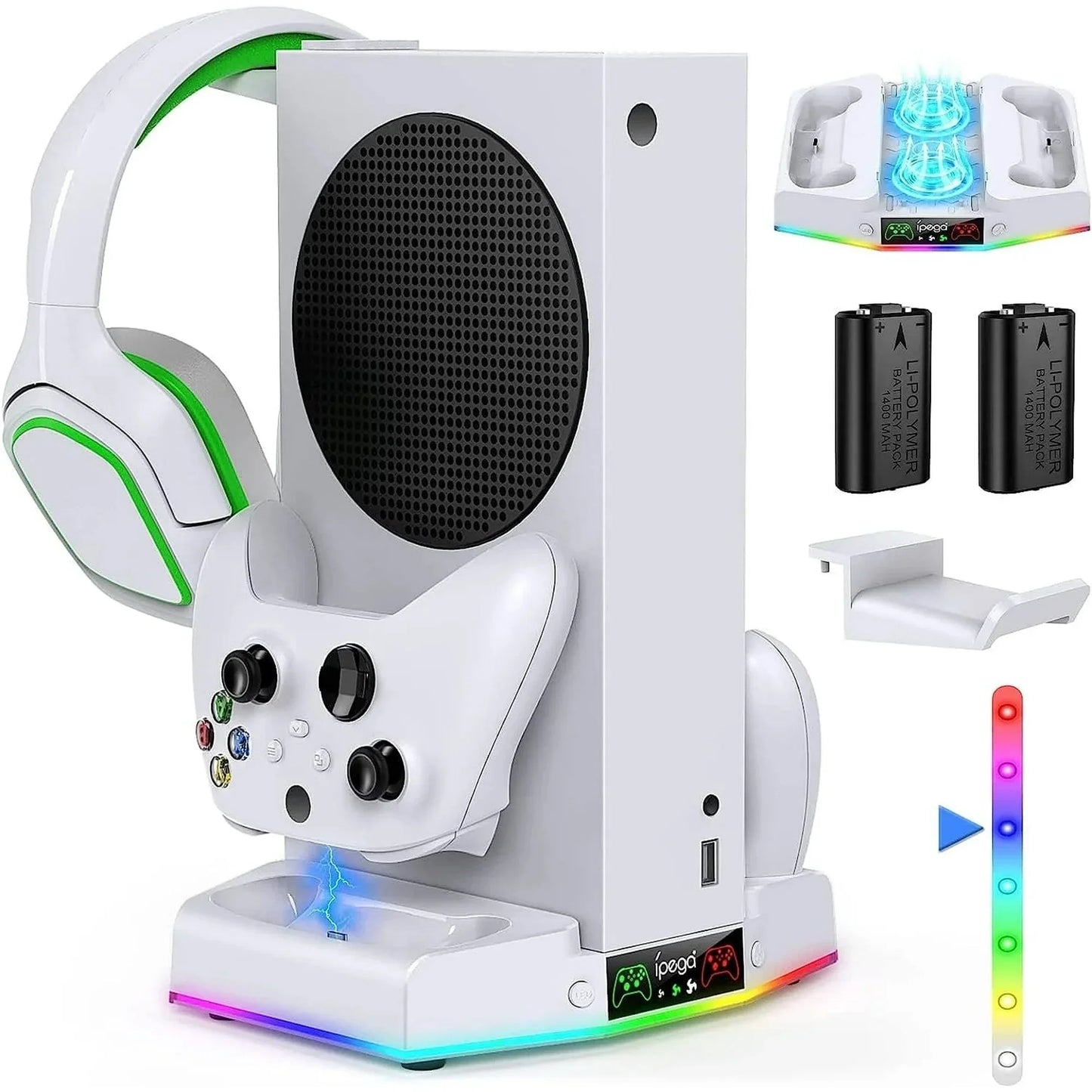 Cooling Stand & Charging Station for Xbox Series S with RGB Light - Dual Controller Charger & Cooler Fan for Xbox Series S Accessories with 2*1400mAH Batteries and Headphone Hook