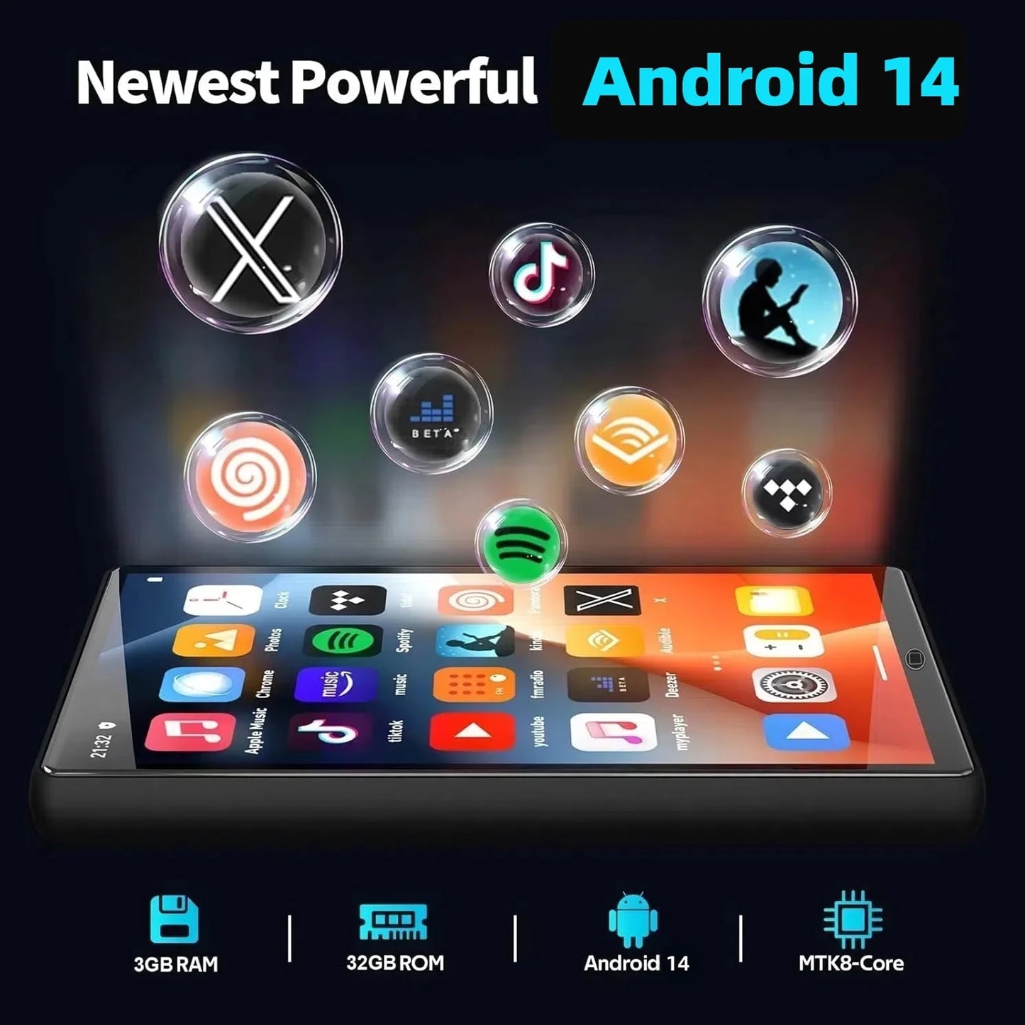 Upgraded 160GB MP3 Player with Bluetooth and WiFi Android 14 OS MP3 & MP4 Players with 4 Touchscreen and Speaker 3GB RAM & 32GB ROM 2500mAh Music Player with Spotify Audible Amazon Music Play Store