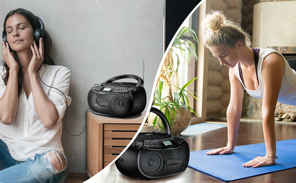 Boombox CD Player with Bluetooth Boombox AM/FM Radio USB Port Portable CD Player Stereo Sound Speaker MP3 Playback 3.5mm AUX Input Headphone Jack LCD Display CD-R CD-RW MP3WMA Playback