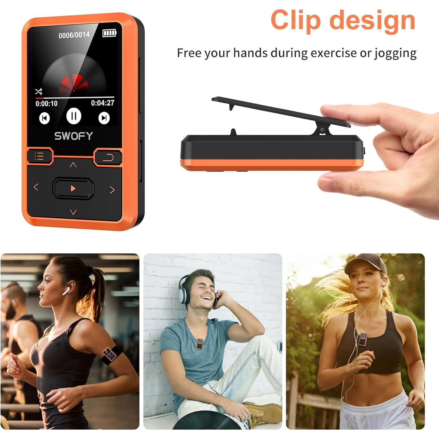 32GB MP3 Player with Bluetooth 5.0 Mini Clip Portable Wearable MP3 Player with FM Radio Recording Children s Music mp3 Player Mp3 Mp4 Player with Pedometer Music Player Support up to 128GB(Orange)