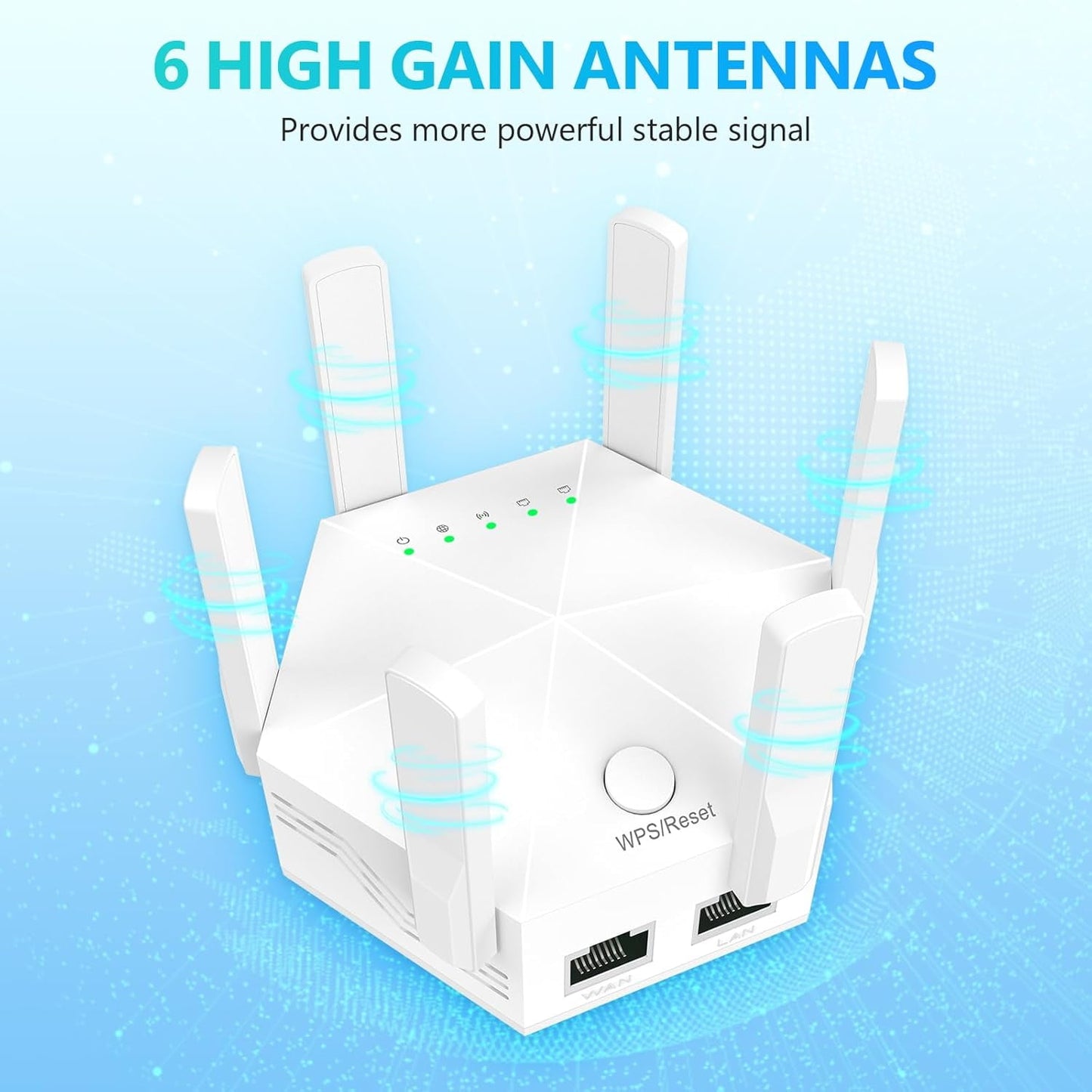 WiFi Amplifier WLAN Booster WLAN Repeater WiFi Range Extender 300Mbps(5999sq.ft) WiFi 2.4GHz Band WPS Wireless Signal Strong Penetrability with Ethernet Port 6 Antennas 360° Full Coverage
