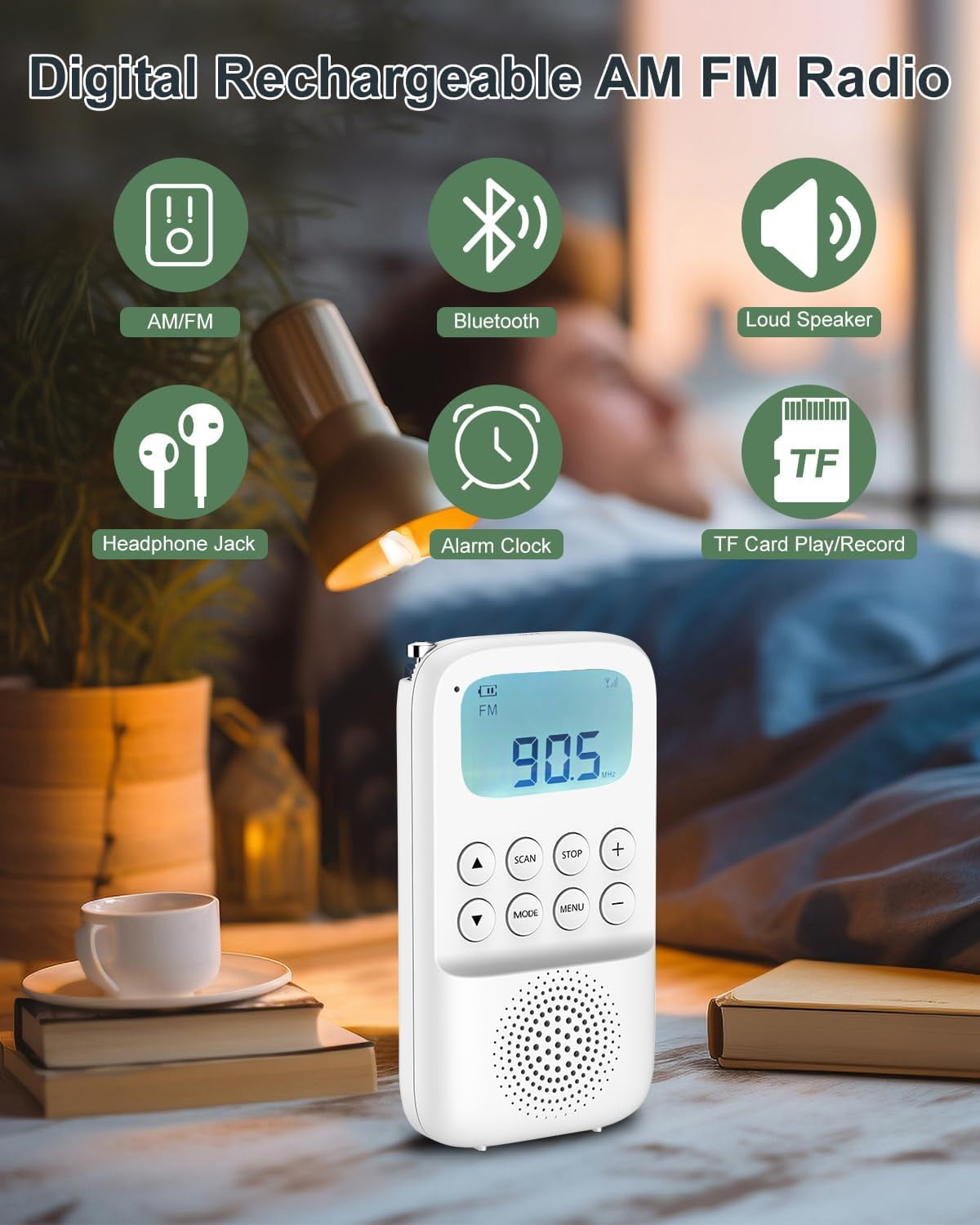 Digital AM FM Walkmen Radio with Bluetooth Portable Rechargeable Transistor Radio with Alarm Clock Built-in Speaker and Headphone Jack Support TF Card Playback