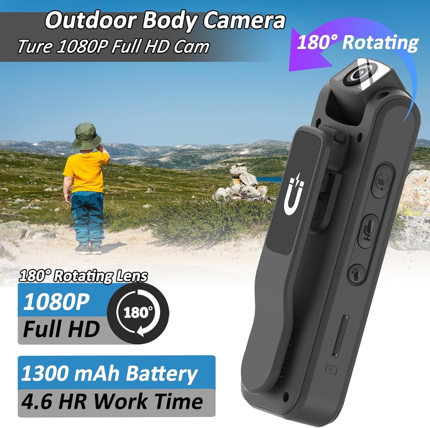 Body Camera with Audio & Video Recording- 128GB 1080P HD Police Cop Cam 180° Rotating Lens-Loop Recording 1.4 Display Portable Wearable Cam for Law Enforcement Outdoor Activities Riding Hiking
