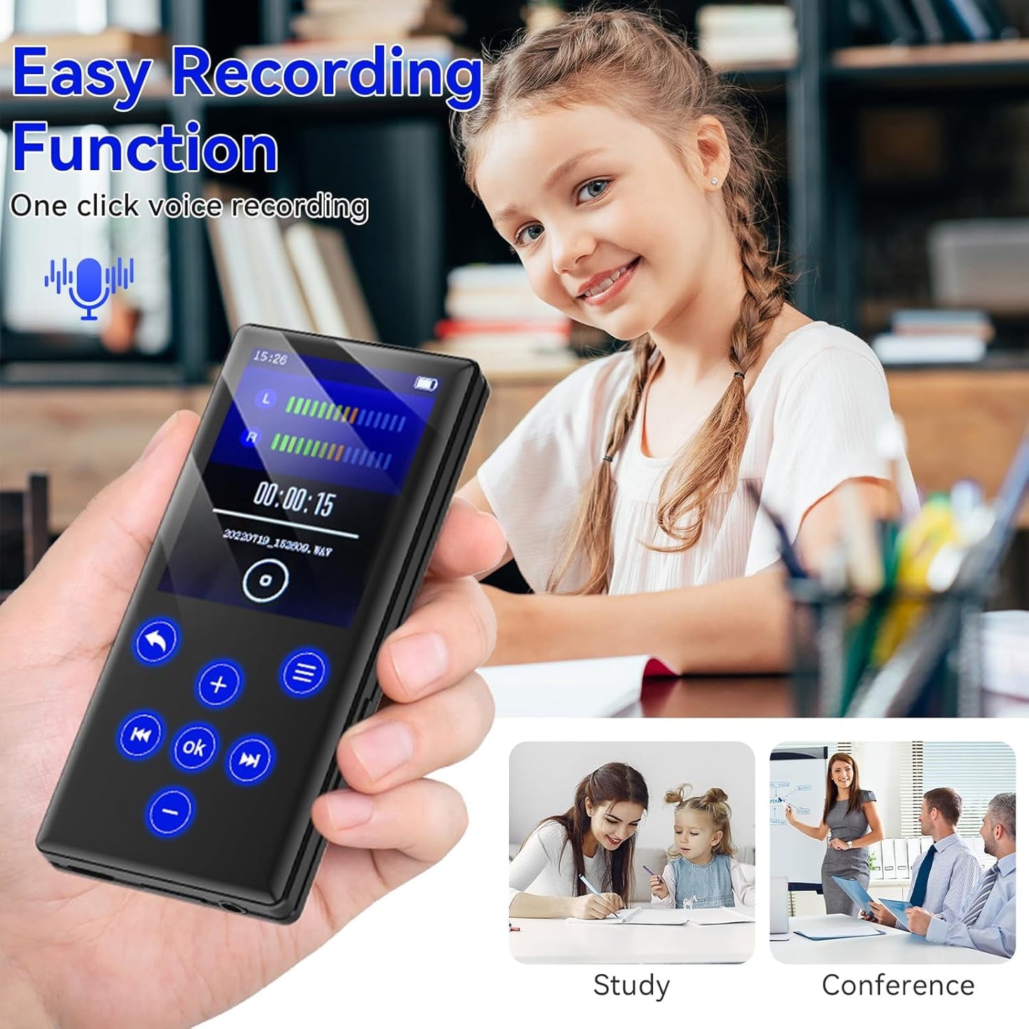 128GB MP3 Player with Bluetooth Portable Lossless Sound Music Player with HD Speaker 2.4 Screen Voice Recorder FM Radio Touch Buttons HiFi MP4 Player Built-in 64GB Support up to 128GB for Walking