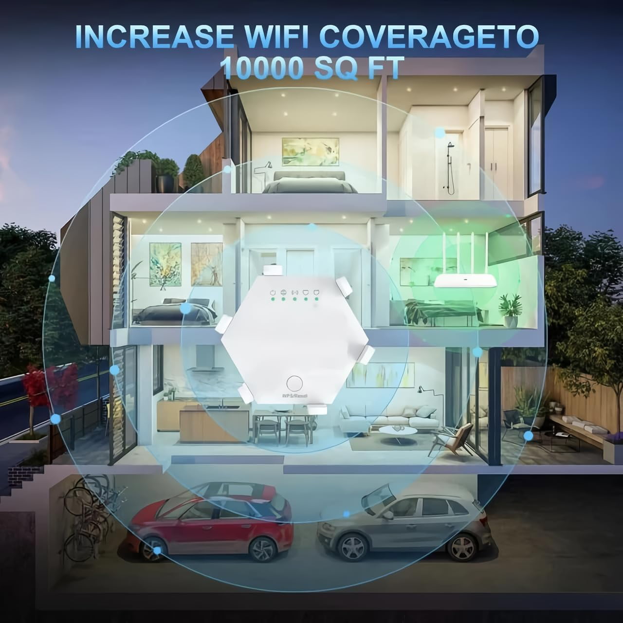 WiFi Amplifier WLAN Booster WLAN Repeater WiFi Range Extender 300Mbps(5999sq.ft) WiFi 2.4GHz Band WPS Wireless Signal Strong Penetrability with Ethernet Port 6 Antennas 360° Full Coverage