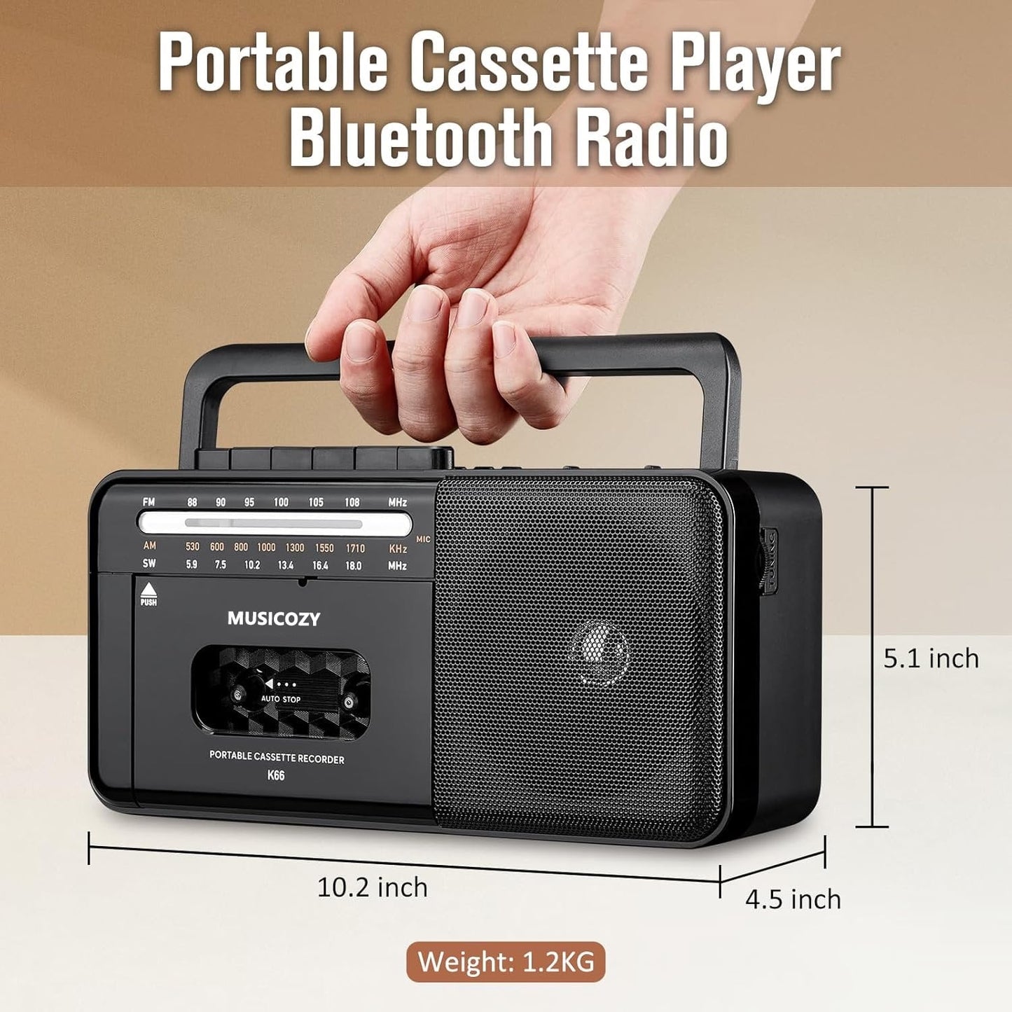 Cassette Tape Player Bluetooth Boombox Cassette Player AM/FM/SW Radio Stereo Tape Player/Recorder with Big Speaker and Earphone Jack USB/TF Card Player AC Powered or Battery Operated Black