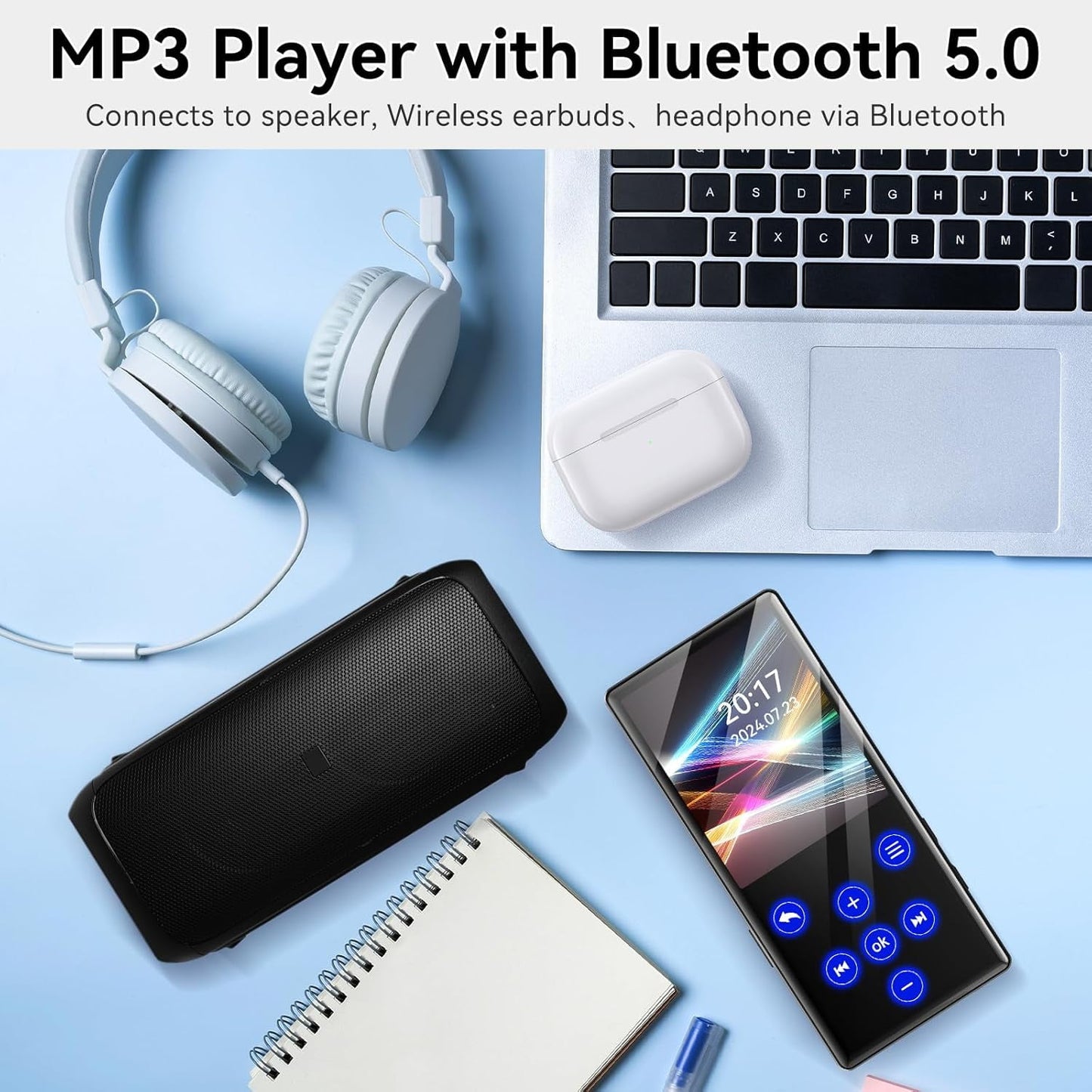 128GB MP3 Player with Bluetooth Portable Lossless Sound Music Player with HD Speaker 2.4 Screen Voice Recorder FM Radio Touch Buttons HiFi MP4 Player Built-in 64GB Support up to 128GB for Walking